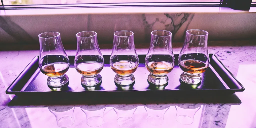 Several glasses of smooth scotch for beginners arranged for a tasting.