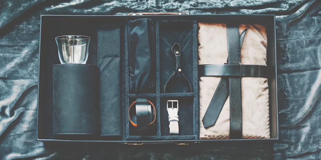 A whiskey gift box idea with a rocks glass and leather accessories.