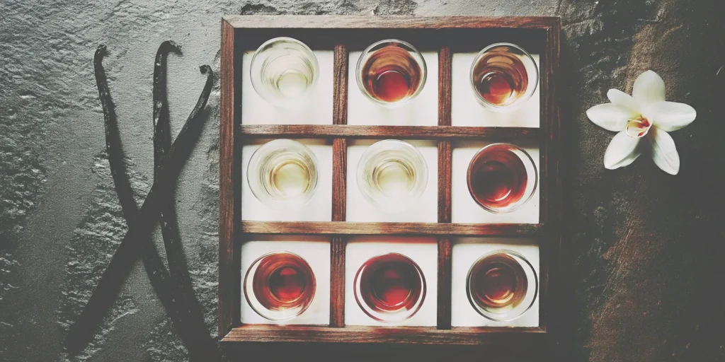 A glass of whiskey with whole vanilla beans, a source of natural vanilla notes.