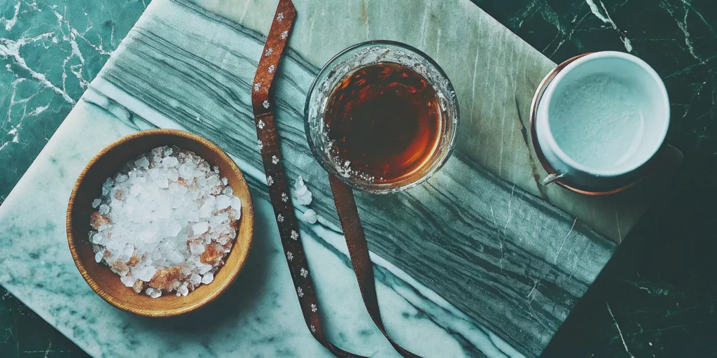 Ingredients for a salted caramel bourbon sauce recipe, including bourbon and flaky sea salt.