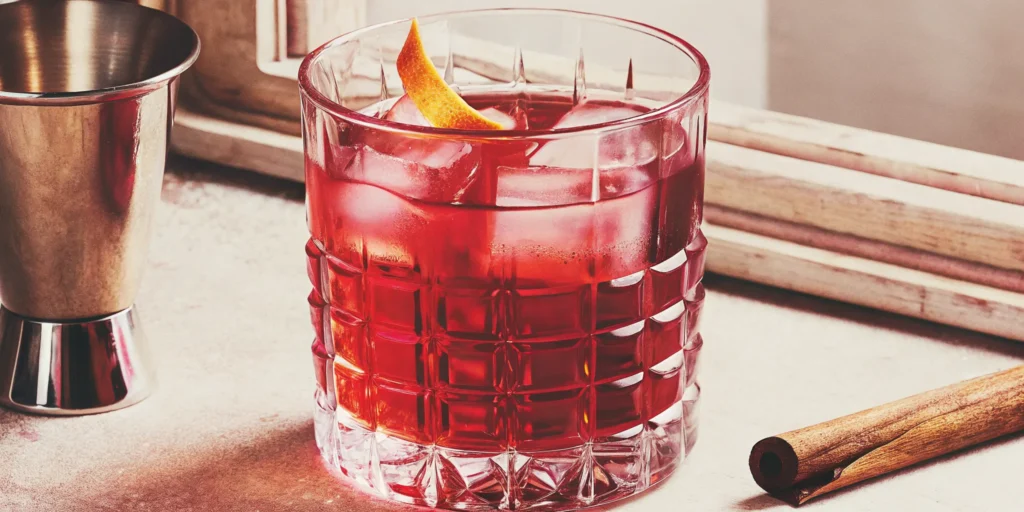 Maple bourbon cocktail recipe with a classic orange twist garnish.