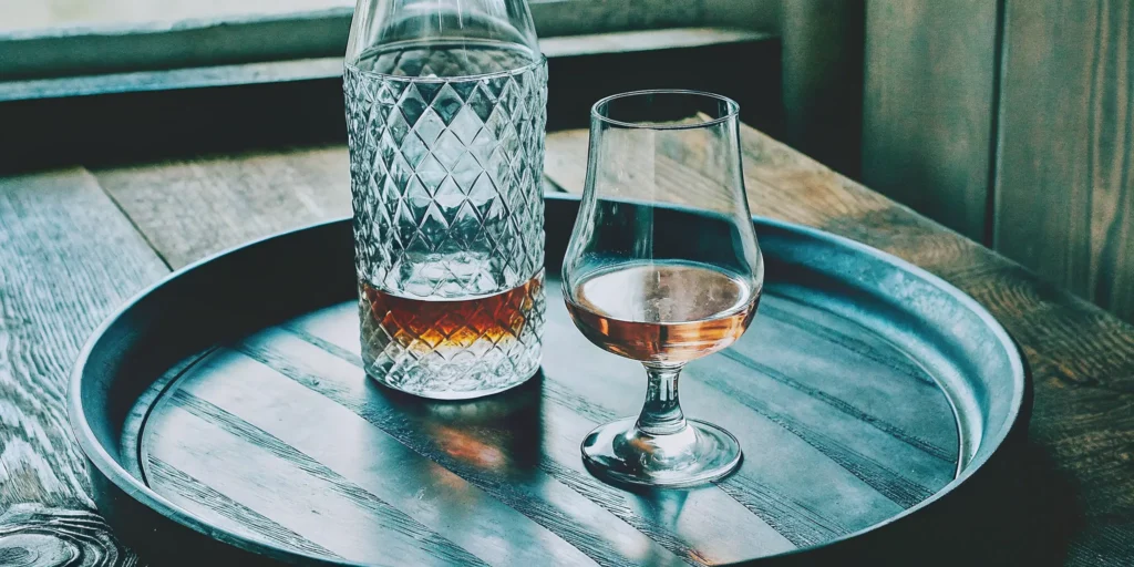 A Glencairn glass of bourbon and a decanter ready for a tasting on how to sip bourbon correctly.