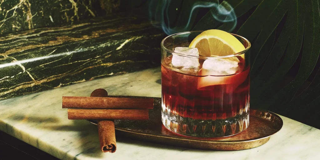 Cinnamon whiskey cocktail recipe with ice, a lemon slice, and cinnamon sticks.