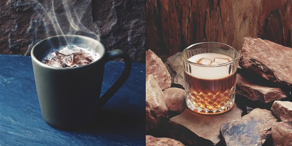 A mug of rich hot chocolate with whiskey, garnished with toasted marshmallows.