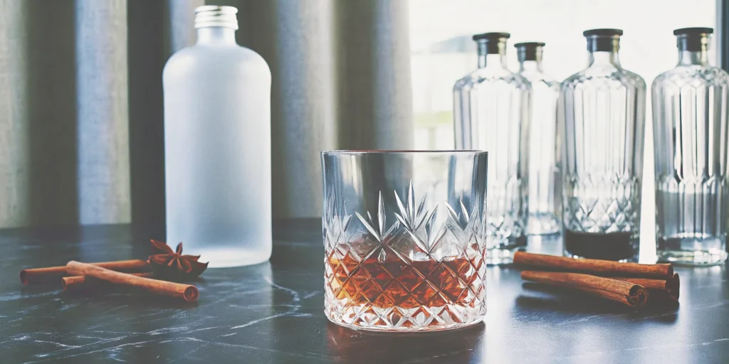A glass of whiskey with cinnamon notes, garnished with cinnamon sticks.