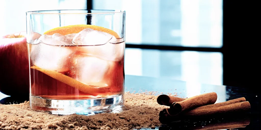 A glass of brown sugar whiskey from a recipe, garnished with an orange peel.