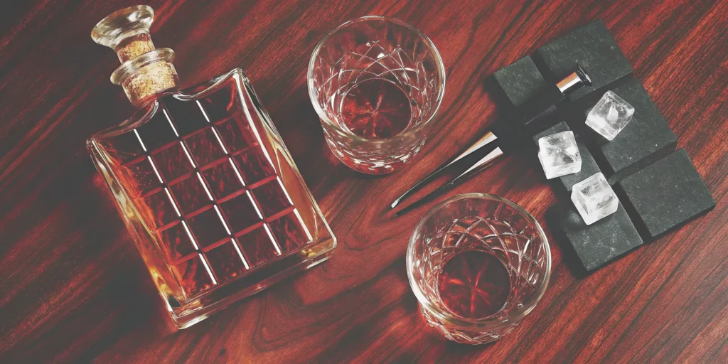 Bourbon decanter set with glasses and whiskey stones, a great gift for a husband.